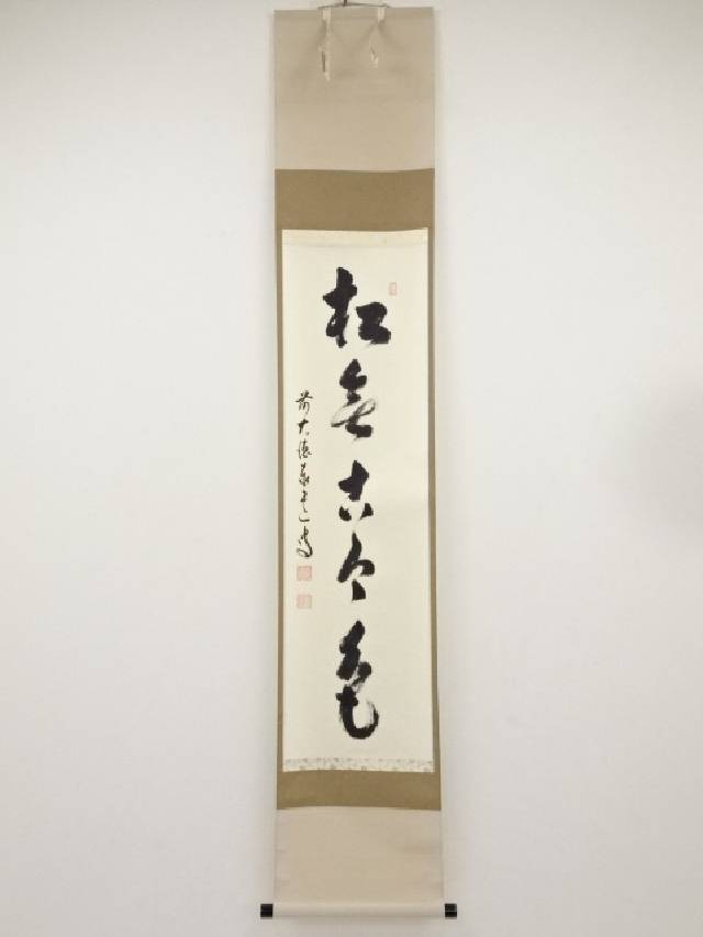 【中古】【書画】前大徳　足立泰道筆　「松無古今色」一行書　肉筆紙本掛軸（共箱）【送料無料】掛け軸 床の間 書 おしゃれ 絵画 表具 芸術 茶道 年中掛け インテリア 茶掛 掛物 和室 1月 11月 秋