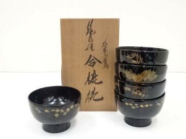 【漆器】輪島塗絵替り草花蒔絵合鹿椀5客（共箱）【送料無料】[中古 食器 お椀 おしゃれ かわいい 漆器 器 和食 料理 来客 飲食 料亭 旅館 カフェ 居酒屋 owan]