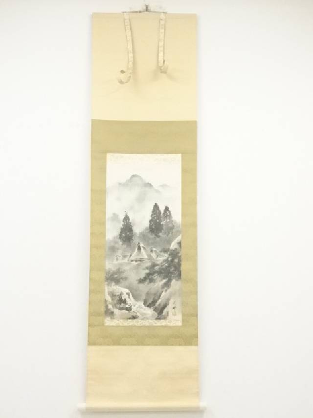 【中古】【書画】青木志峰筆　水墨山水　肉筆絹本掛軸（共箱）【送料無料】◎掛け軸 床の間 書 おしゃれ 絵画 表具 芸術 茶道 年中掛け インテリア 茶掛 掛物 和室