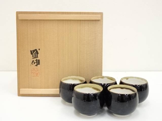 【中古】【陶芸 陶器】京焼 木村盛伸造 天目釉湯呑5客（共箱）【送料無料】 中古 湯飲み 湯呑み 湯のみ おしゃれ かわいい 茶道具 茶器 来客 お茶 旅館 和風 雑貨 レトロ 食器