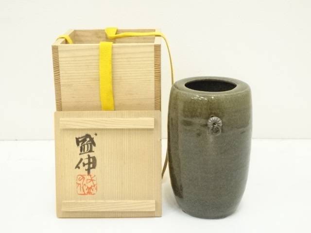 【中古】【華道】木村盛伸造 灰釉掛花入（共箱）【送料無料】 中古 花入れ 茶道 茶道具 花瓶 花器 おしゃれ フラワーベース 道具 茶室 華道 華道具 インテリア hnir