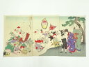 【中古】【書画】明治期 楊洲周延 幼童軍人遊び 3枚続 手摺木版画【送料無料】絵画 書 おしゃれ 木製 アート 芸術 年中掛け インテリア 床の間 リビング 玄...