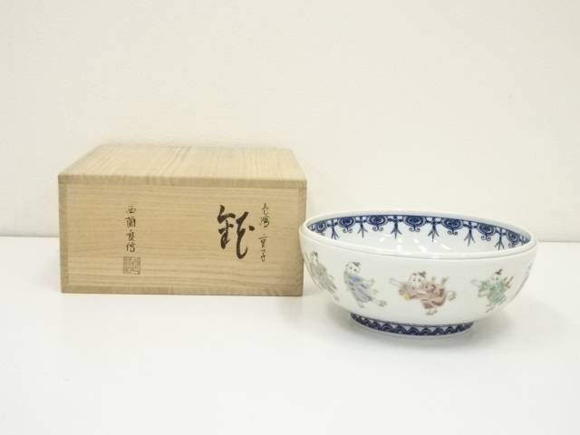 【中古】【陶芸・陶器】西園良信造　色絵童子鉢（共箱）【送料無料】食器 おしゃれ アンティーク レトロ 和食 和風 丼 器 小鉢 中鉢 料理 来客 居酒屋 旅館 カフェ