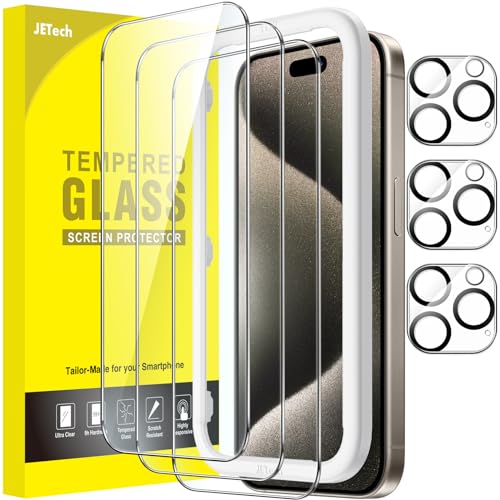 JEDirect iPhone 15 Pro Max用 液晶保護フィルム 6.7インチ 気泡なし カメラレンズフィルム付き ガイド枠付き 強化ガラスフィルム HDクリア 3枚+3枚セット