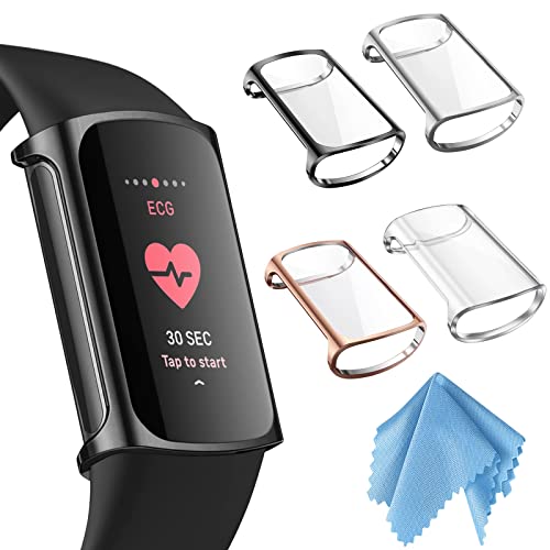 4Zbg Fintie for Fitbit Charge 6 / Charge 5 P[X NA \tg TPU bL XN[Jo[ Sʕیop[ VF EȒP ϏՌ tBbgrbg یJo[ (Vo[/NA/[Ys