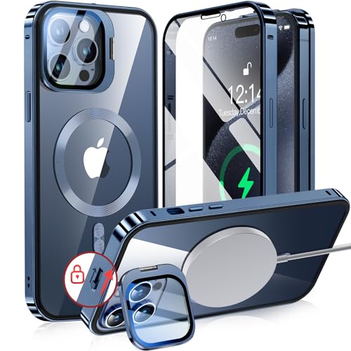 カメラレンズ保護 スタンド一体 NIANGUO iPhone15 用 ケース MagSafe対応 クリア 両面 ロック付き アクションボタン 隠しカメラスタンド アイホン15ケース 9H強化ガラス メタルフレーム ストラ…