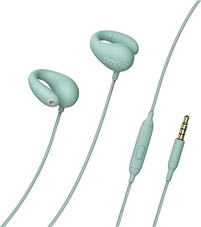 ambie AM-02 sound earcuffs (Ash Green) アンビー サウンドイヤカフ ながら聴き イヤホン マイク付き リモコン付 有線 耳にいれない ビデオ会議 テレワーク キッズサイズ対応 オンライン授業