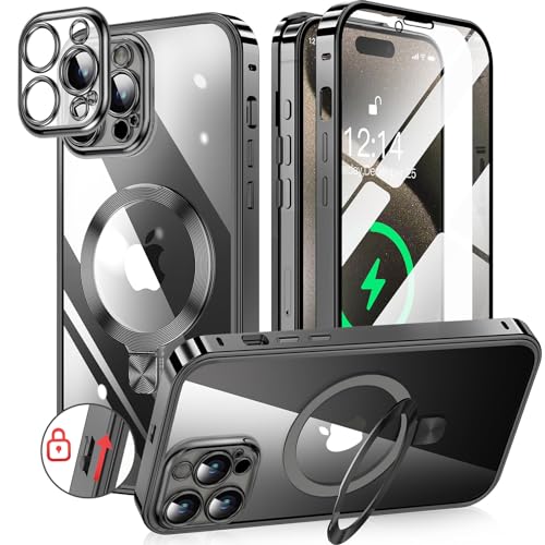 HGUTREY スタンド機能付き アクションボタン iPhone15 Pro Max 用 ケース クリア ロック付き CDリング MagSafe対応 9H強化ガラス PC背面 カメラレンズ保護 アイフォン15プロマックスケース 両…