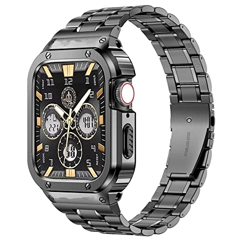 MioHHR Stainless Steel Watch Band with Case Compatible for Apple Watch Bands 44/45mm,Rugged Strap with Metal Protective Bumper