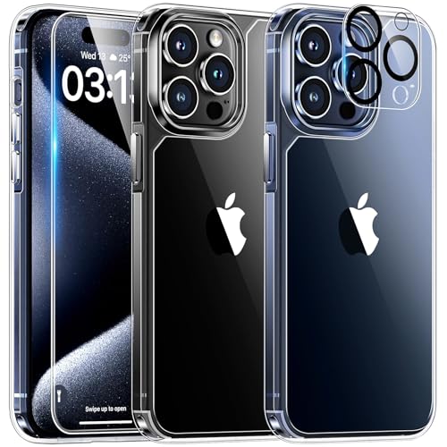 Tauri iPhone15 Pro 用 ケース 1+2+2枚セット：1* ケース + 2* ガラスフィルム + 2* カメラフィルム クリア 耐衝撃 多重保護 黄ばみ防止 アイフォン 15 Pro 用 カバー 6.1インチ- 透明 クリア 