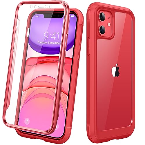 Diaclara iPhone11ケース 6.1インチ バンパーケース 画面保護フイルム付き 背面クリア PC+TPU 全面保護 両面 ケース ワイヤレス充電対応 赤