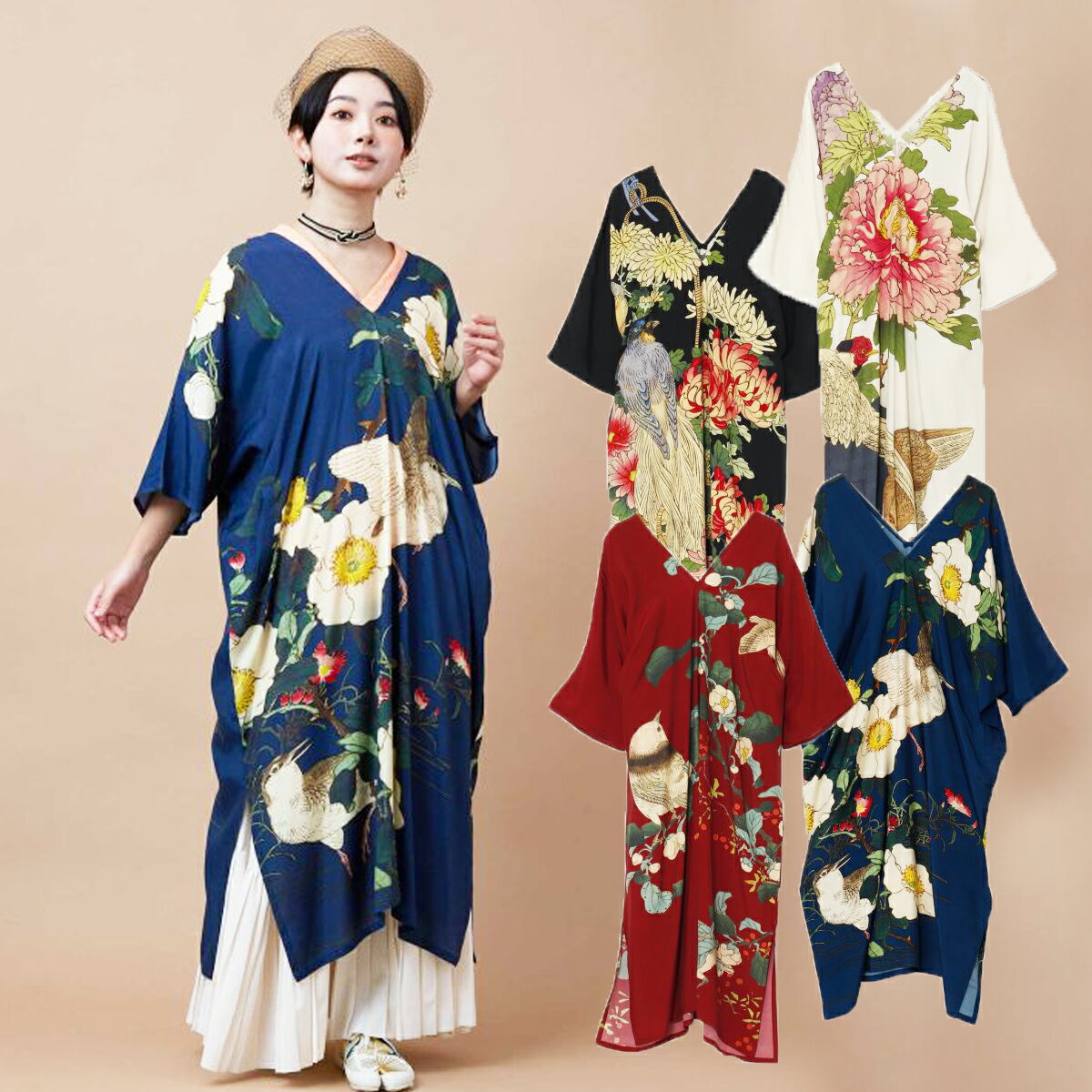商品情報商品説明大胆な花鳥画が目を惹く薄手のワンピース。江戸から明治にかけて活躍した日本画家・幸野楳嶺（こうのばいれい）の「楳嶺花鳥画譜（ばいれいかちょうがふ）」をもとにしたプリントが華やかです。レーヨン素材で涼しく快適な着心地。首まわりが広くゆったりとした形で体型を気にせず着られ、両サイドにポケットも付いています。サイズ着丈 110cm 肩幅 100cm 胸囲 144cm 袖丈 48cm組成レーヨン 100%生産国インド花鳥 ワンピース 春 夏 薄手 レーヨン 半袖 レディース 婦人 フリーサイズ 服 和モダン 和装 和柄 和服 倭物やカヤ 正規販売店 誕生日などのプレゼントにも 大胆な花鳥画が目を惹く薄手のワンピース。江戸から明治にかけて活躍した日本画家・幸野楳嶺（こうのばいれい）の「楳嶺花鳥画譜（ばいれいかちょうがふ）」をもとにしたプリントが華やかです。レーヨン素材で涼しく快適な着心地。首まわりが広くゆったりとした形で体型を気にせず着られ、両サイドにポケットも付いています。【サイズ】着丈 110cm 肩幅 100cm 胸囲 144cm 袖丈 48cm【組成】レーヨン100% 1