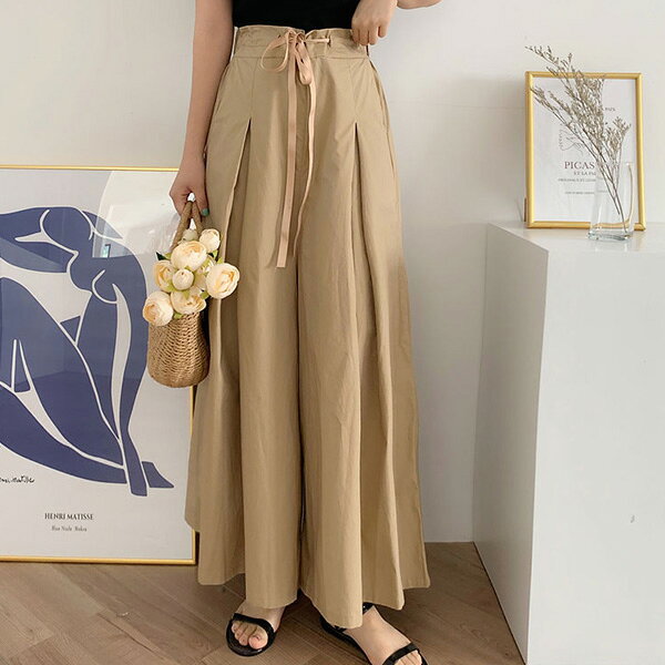 ワイドパンツ レディース ウエストリボン ロング パンツ ボトムス 着回し ガウチョ...