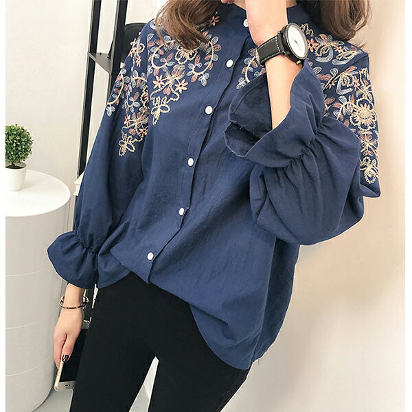 刺繍 フリル袖 シャツ 春 長袖 レディース トップス メール便のみ送料無料1♪
