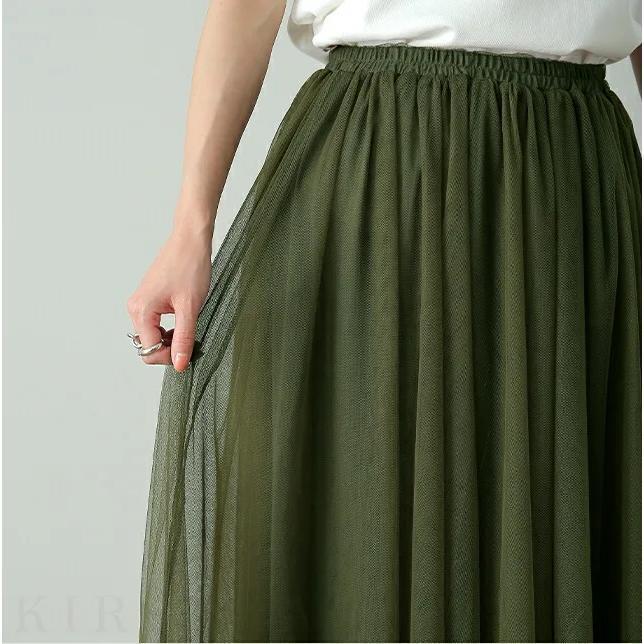 女っぽさが漂う 3色展開 エレガント Aライン プリーツ ハイウエストゴム メッシュロング スカート 春夏 夏 レディース 3