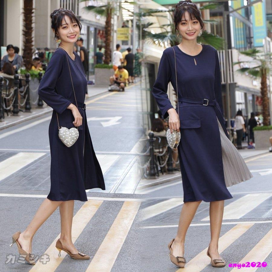 サイドプリーツワンピース フォーマル ワンピース 秋冬 冬 上品 大きいサイズ 大人 韓国 大人可愛い 結婚式 服装 女性 40代 きれいめ 50代 ネイビー マタニティ