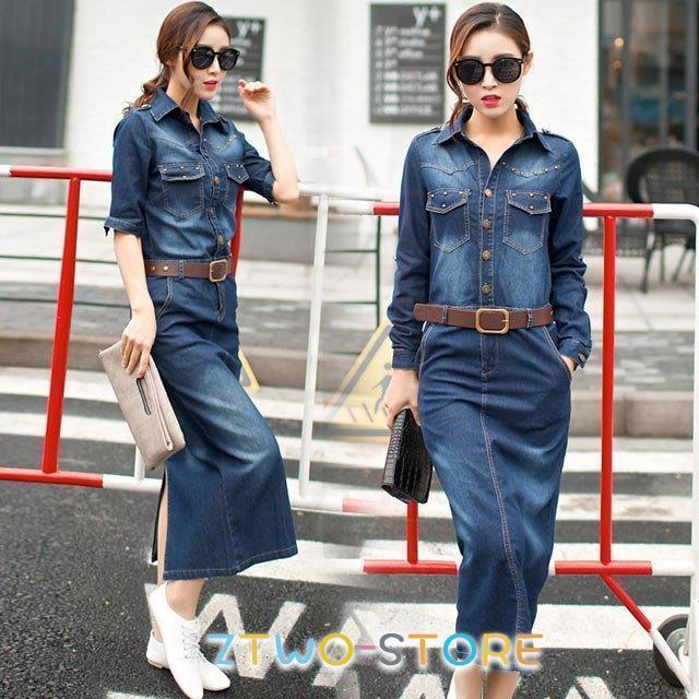 大きいサイズ デニムワンピース 長袖 ミモレ丈 ロングワンピース デニム 春 秋 長袖ワンピース レディ..