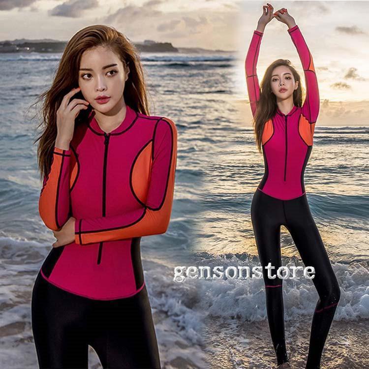 女性用ウェットスーツ フィットネス水着 オールインワン レディース 長袖 体型カバー UVカット スイム..