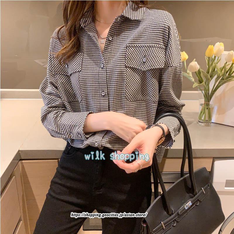 シャツ ブラウス 秋 秋服 レディース 千鳥格柄 長袖 ゆったり シンプル トップス ポケット シフォン 上品 フェミニン 高品質 20代 30代 40代 50代 高級感 通勤