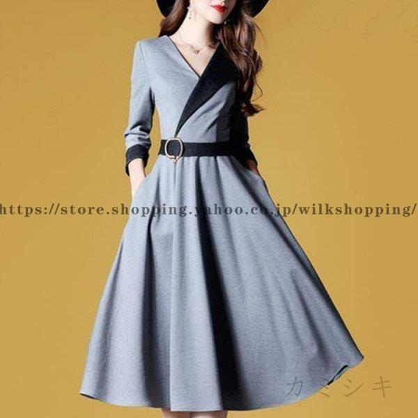 ワンピース レディース 40代 きれいめ 長袖 上品 春秋 膝丈ワンピース Vネック シフォン パーティード..