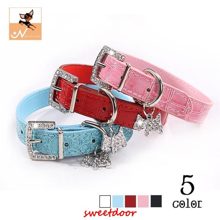 首輪 犬用 ペット用品 フェイクレザー ラインストーン チャーム付き レザー調 調節可能 キラキラ 可愛..