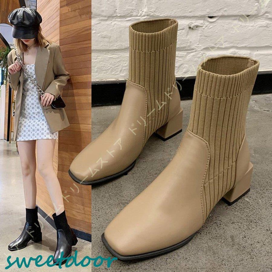 ショートブーツ レディース 大きいサイズ ブーツ ストレッチ 太ヒール ローヒール 5センチ ストレッチ..