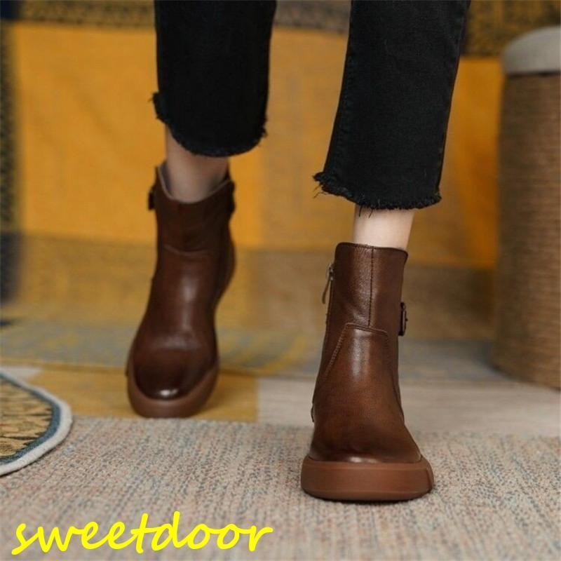 ブーツ レディース ショートブーツ PUブーツ フラット 厚底 ローヒール パンプス レザー カジュアル 春秋 秋冬 ライダースブーツ 秋コーデ 防寒