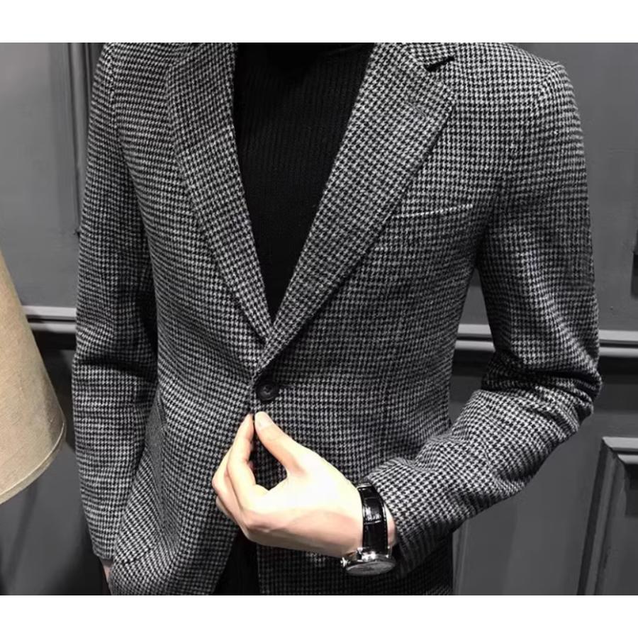 テーラードチェック柄メンズブレザーカジュアルスーツビジネススーツ春秋冬細身結婚式おしゃれ紳士用ト..