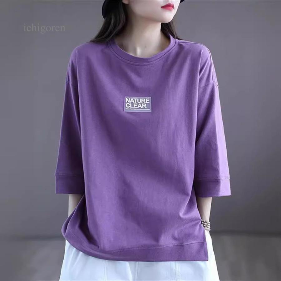 Tシャツ 韓国ファッション レディース 半袖 5分袖 7分袖 カットソー 男女兼用 シンプル ゆったり ワンポイント ルーズ 五分袖 七分袖 大きいサイズ 黒 白(4.0)