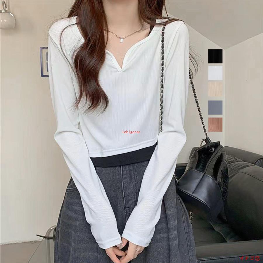 樂天商城 - ショート丈トップス キーネック Tシャツ