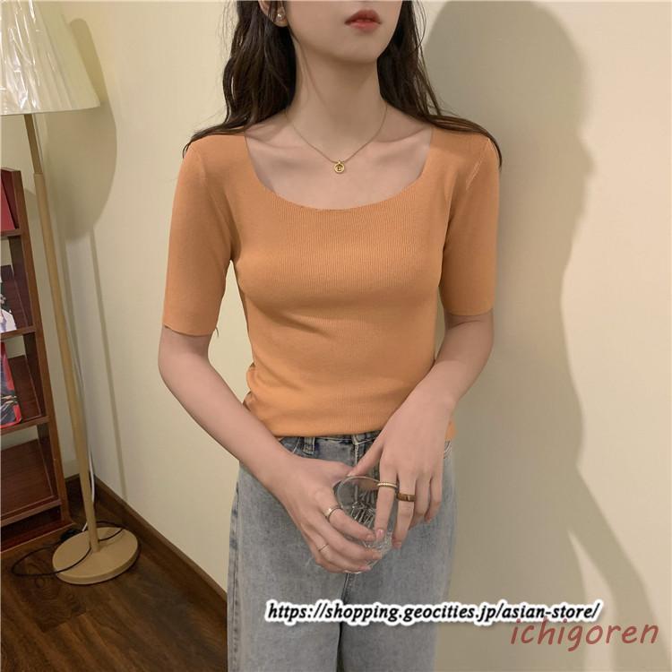 サマーニット 半袖 レディース トップス リブニット 半袖ニット 夏服 無地 スリム 20代30代 ニットTシャツ ストレッチ 通学通勤 可愛い..