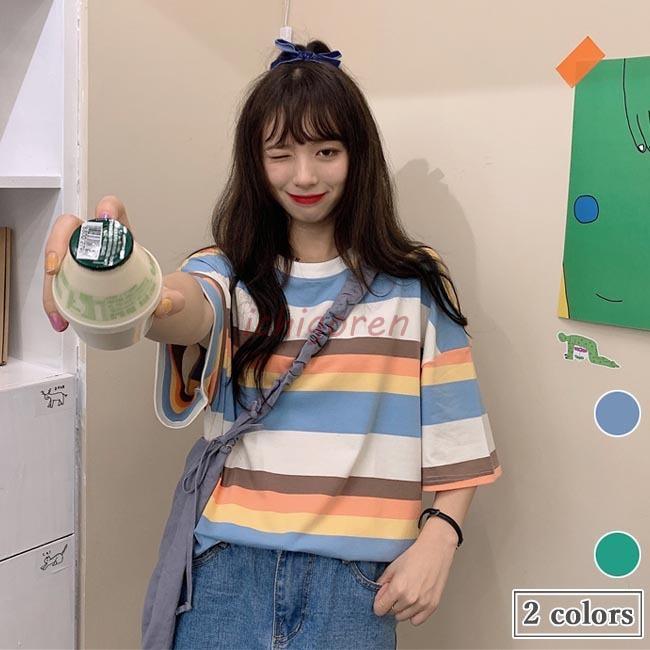 樂天商城 - Tシャツ 半袖 ボーダー柄 レディース 半袖Tシャツ オーバーサイズ カットソー ゆったり ラウンドネック ボーダー柄Tシャツ 夏Tシャツ