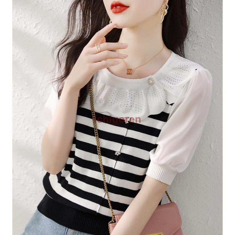 樂天商城 - Tシャツレディース 夏 40代 半袖ニットトップス 配色ボーダー パフスリーブニットTシャツ ショット丈ニットソー ゆったりカットソー おしゃれ通勤 大人可愛い