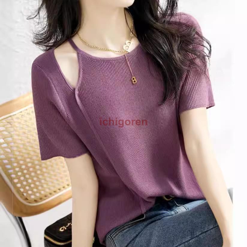 Tシャツ レディース 春夏 40代 半袖 ニットトップス 無地Tシャツ レション ショット丈ニットソー 薄手 ゆったりカッ…