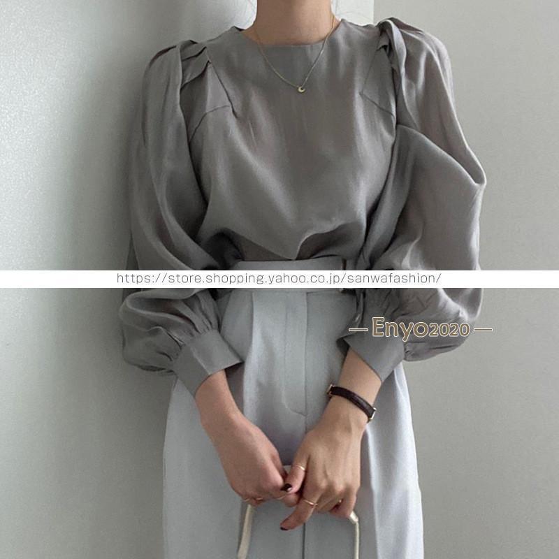樂天商城 - パフスリーブブラウス レディーストップスシャツ 長袖 春夏服 透け感 丸首 フリル プルオーバー 長袖ブラウス シャツブラウス オフィス 大人 卒業式 入学式 20代