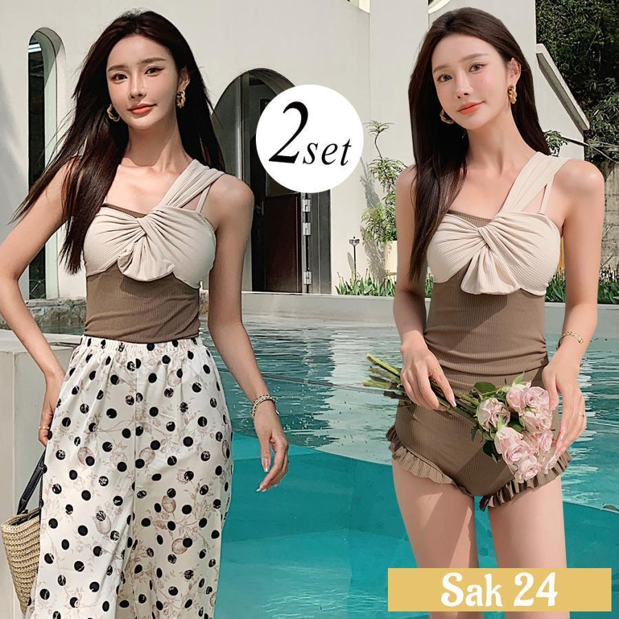 水着 レディース ワンピース ロングパンツ 2点セット 体型カバー おしゃれ かわいい ワンショルダー 20代 30代 40代