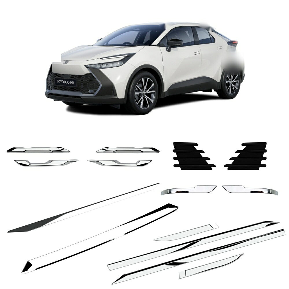 適合車種 型式：NGX50 ZYX10 対応年式：2016年12月〜現行 ◆カラー：ピアノブラック／メッキ ◆取付：両面テープ貼り付け（背面付属） ※貼り付け面を清掃・脱脂してからお貼りください。気温が15℃を下回る場合は、ドライヤー等であたためてから貼ると密着しやすくなります。 C-HR専用のドレスアップパーツです。