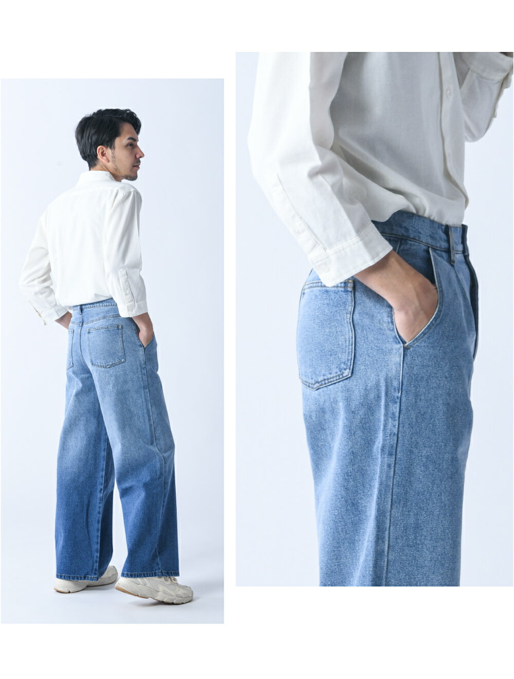 【OFTAS】グラデーションデニムパンツ ワイドパンツ デニムパンツ グラデデニム ワイド 美脚 脚長 すっきり ブラックデニム ブルーデニム きれいめ お洒落 シンプル カジュアル モード 大人 メンズ レディース ユニセックス 送料無料