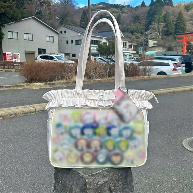 痛バ a4 白/黒/水色/ピンク トートバッグ バック 透明 ファスナー付き 大きめ フリル リボン 可愛い ぬいぐるみ サイドポケット 大容量 透明ポケット アクスタ 缶バッチ ぬい アクキー ヲタ活 オタ活 推しカラー 推し色 推しごと 推しメン DD 単推し 箱推し お迎え 布教