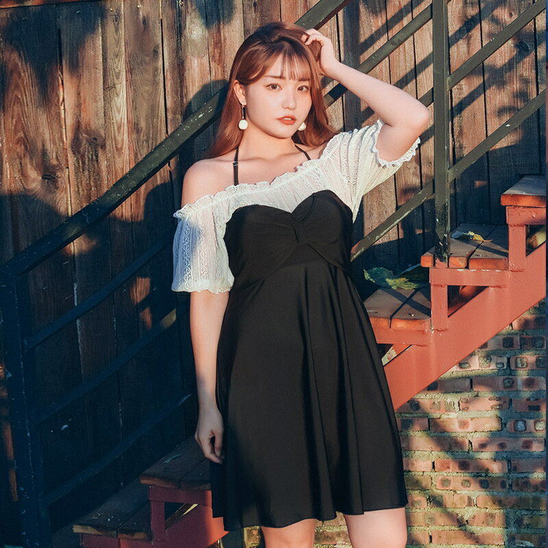 水着 レディース 可愛い ワンピース 高校生 大人 ブラック セパレート オフショルダー パフスリーブ レース 大きい サイズ スカート 体型カバー ドレス風 ガーリー水着 フリルスカート エレガント 上品 ギャル ママ マタニティ
