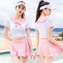 【送料無料】水着 新作 夏 セパレート ショート丈 フリル プリーツスカート セーラー服風 制服 学生 スタイル チェック ピンク 衣装水着 コスプレ コスチュ...