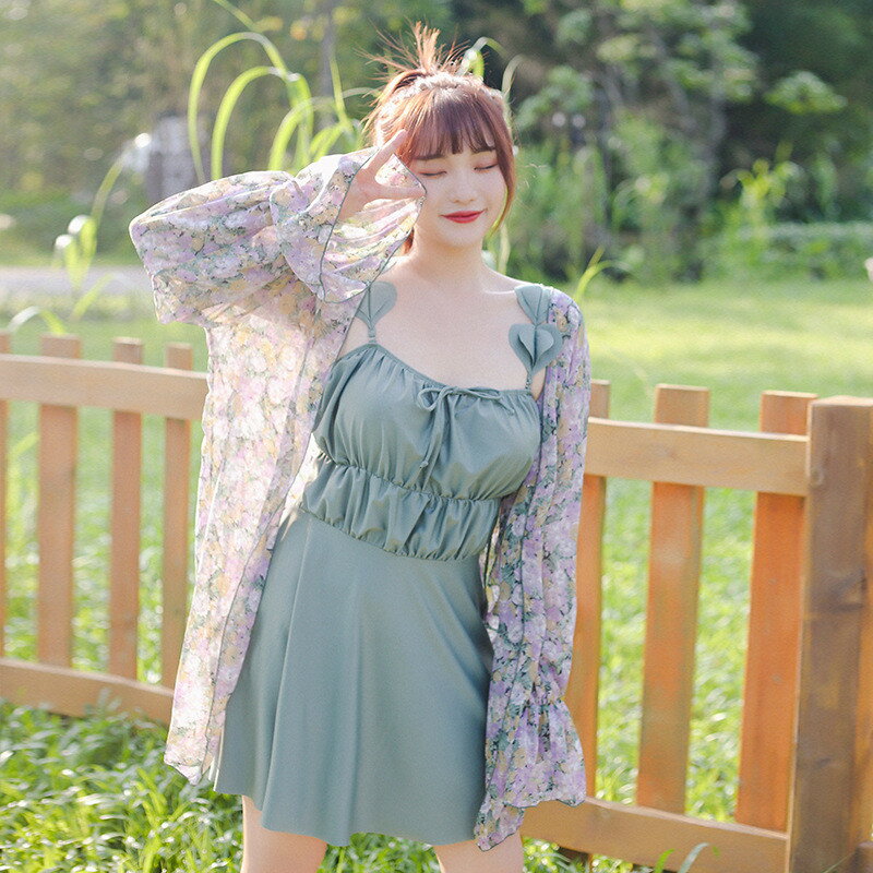 レディース 水着セット 大きいサイズ 体型カバー ぽっちゃり 水着 セール価格 3点セット ワンピース水着 長袖 カーディガン 韓国風 レース 透け感 可愛い 花柄 フラワー プラスサイズ オトナ女子 グリーン 40代 中学生 学生 ハイウエスト ホワイト 代 30代 フリル