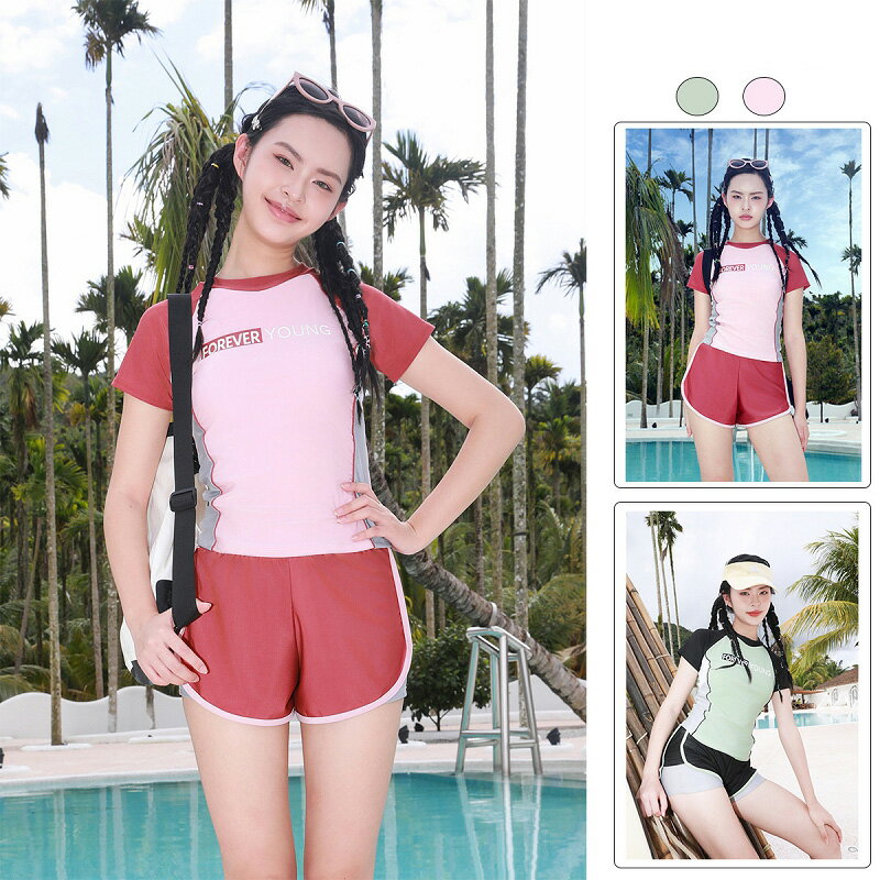 水着 レディース セパレート セット 2点セット 半袖 体型カバー 学生 大人 女子 ママ水着 夏 海 プール リゾート シンプル 無地 スイムウェア お腹 隠れる 女性用 スポーツ ボクサーパンツ ショートパンツ M-XL