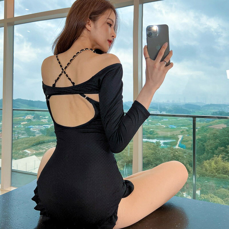 水着 レディース ワンピース水着 セット水着 婦人 オトナ女子 海 プール ビーチ マリンスポーツ スパ水着 スポーツ水着 腕カバー 日焼け防止 フリル 韓国風 かわいい おしゃれ ブラック 黒 バッククロス お腹カバー セクシー