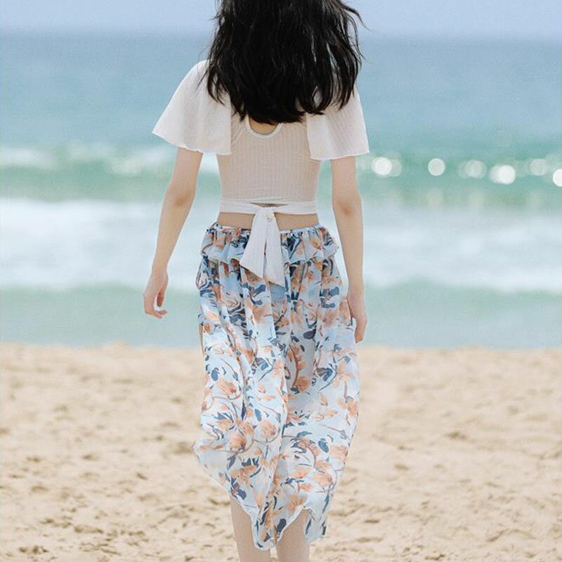 水着 レディース セパレート セット ビキニ タンキニ 袖付き 大人 女子 ママ水着 夏 海 プール リゾート シンプル おしゃれ かわいい セクシー フリル リボン お腹 隠れる ビーチ 韓国風 スプリット スカート 3点セット 洋服みたいな水着