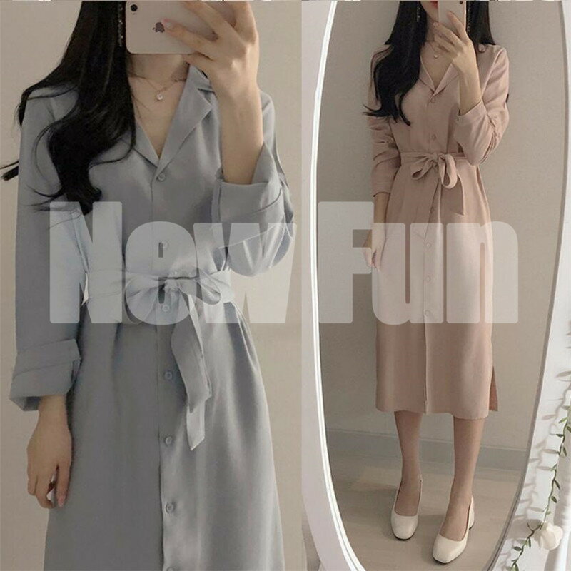 ワンピース レディース 秋 春 新商品 エレガント ミドル丈 レースアップドレス スーツ襟 長袖ドレス 春