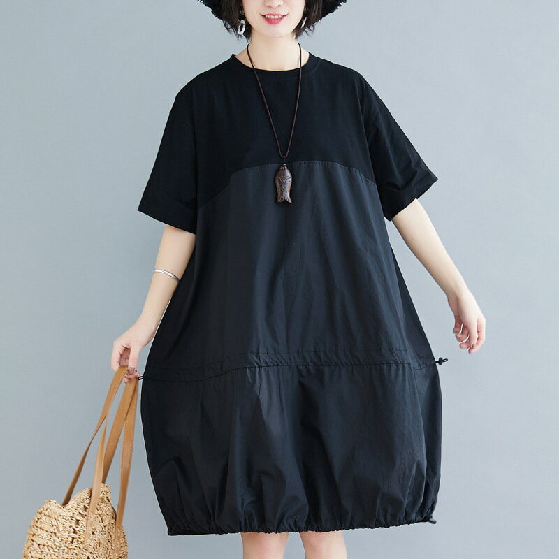 【送料無料】バルーンワンピース 大きいサイズ 夏服 ゆったりデザイン バルーンスカート ワンカラー 豊富なサイズ シンプル カジュアル オーバーサイズ 体型カバー 黒 ブラック