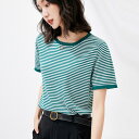 レディース トップス レトロ ストライプ アイスシルクセーター半袖 サマー ルーズ シンプル ストレッチ トップ ボトミングシャツ(4)