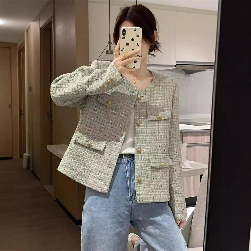 ジャケット レディース 秋 カジュアル トップス レトロ ハイエンドデザイン グリーン ショートジャケット きれいめ おしゃれ 上品 長袖 普段使い お出かけ 旅行 ライトグリーン 4サイズ