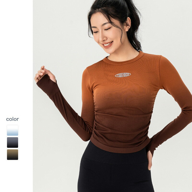 楽天New fun秋冬 ヨガウェア グラデーション 長袖 Tシャツ スポーツ トップス タイト 速乾性 ランニング フィットネス ピラティス トレーニングウェア 新商品 おしゃれ トレーニング 運動 ウォーキング 茶色 青 グレー 黒 S M L